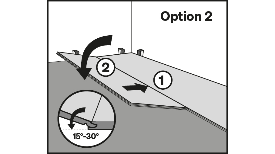 Multiclic Option 2: Längsseitiges Einwinkeln der Diele der zweiten Reihe Multiclic Option 2: Längsseitiges Einwinkeln der Diele der zweiten Reihe